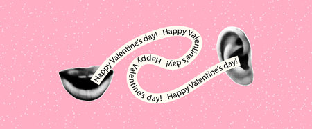 Valentines day trendy collage banner. Halftone mouth tells Happy Valentines day wish to ear. Cutout magazine shapes, love and romance concept. Modern retro grunge vector illustrationのイラスト素材