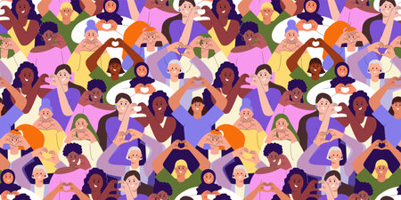 Inspire inclusion concept seamless pattern with diverse women making heart gesture for International Womens day. IWD 2024 print ideal for t shirt, tee, card. Vector illustrationのイラスト素材