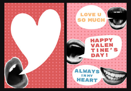 Valentines day halftone collage cards set. Lips with speech bubbles and text on dotted background. Modern retro posters, postcards, banner templates, pop art vector illustrationのイラスト素材