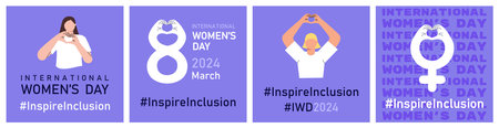 Inspire inclusion banners set for International Womens day. IWD 2024 campaign with women and hashtags on purple background. Modern flat vector illustration with number 8 and female symbolのイラスト素材