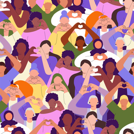 Inspire inclusion concept seamless pattern with diverse faceless women making heart gesture for International Womens day. IWD 2024 print ideal for t shirt, tee, card. Vector illustrationのイラスト素材