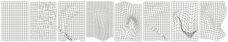 Distorted vertical grid set. Black poster, banner templates. 90s, 2000s retro style vaporwave, wireframe, futuristic shapes. Vector illustration isolated on transparent backgroundのイラスト素材