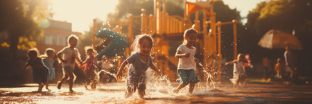 Kids Playing in Water at Sunsetの素材