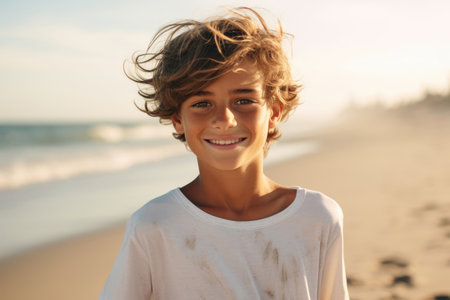 Happy Boy Enjoying Beach at Sunsetの素材