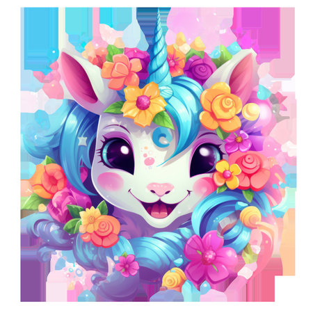 Whimsical unicorn illustration surrounded by vibrant flowers isolated on transparent backgroundの素材
