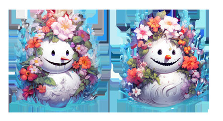 Cheerful snowman with a colorful floral decoration. Christmas stickers set isolated on transparent backgroundの素材