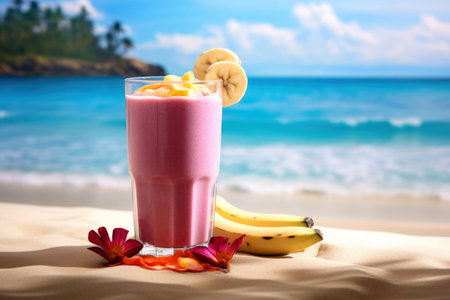 Strawberry banana smoothie on a sandy beach with ocean backdropの素材