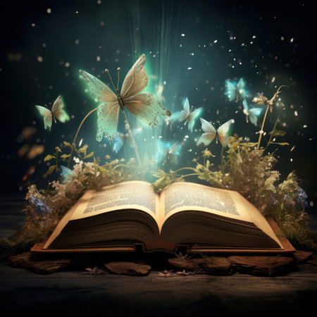 An open book with magical butterflies glowing, symbolizing fantasy and knowledgeの素材