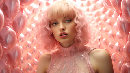 A portrait of a woman with pink hair surrounded by a sea of pink balloonsの素材