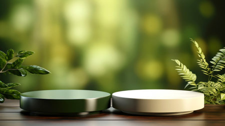 Two circular modern podiums in a tranquil greenery settingの素材