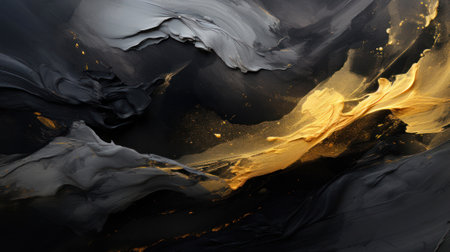Abstract swirls of black and gold paint creating a dynamic texture backgroundの素材