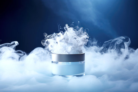 A cosmetic jar amidst swirling smoke on a dark blue backgroundの素材