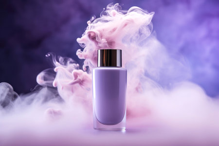 Elegant perfume bottle enveloped in whimsical purple smokeの素材