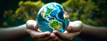 Close up of a child's hands carefully holding a vibrant Earth globe, symbolizing environmental careの素材