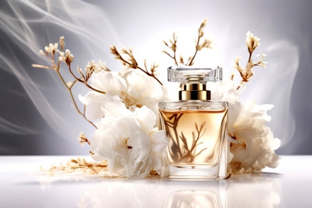 Perfume bottle surrounded by delicate white flowers and soft smokeの素材