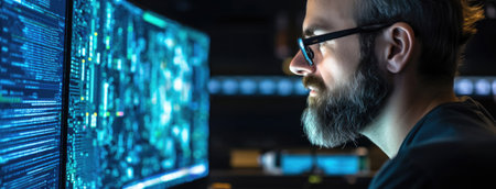 A bearded man analyzing data on multiple computer monitorsの素材