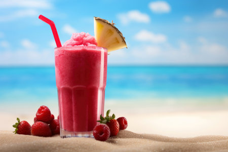A vibrant tropical berry smoothie with a pineapple slice on a sunny beachの素材