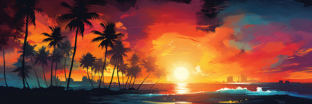 Dramatic digital painting of a sunset over a tropical beachの素材