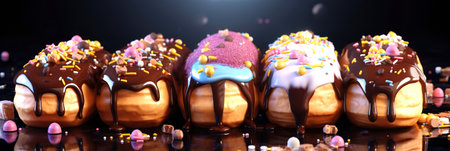 Colorful glazed donuts with sprinkles and toppingsの素材