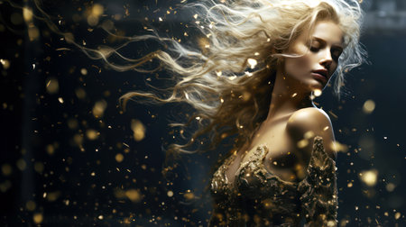 Elegant model with flowing hair amidst golden sparklesの素材