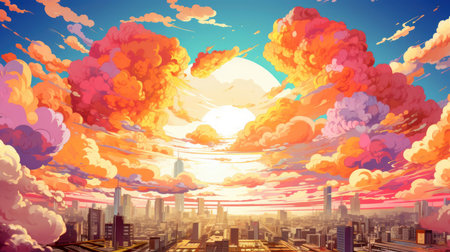 An illustrative city skyline bathed in the warm glow of a surreal sunset with vibrant cloudsの素材