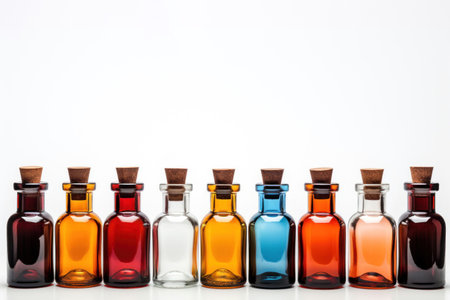 Row of colorful glass bottles with corks on a white backdrop with copy spaceの素材