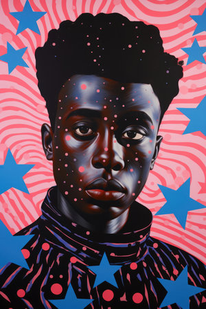 Artistic pop art portrait of a boy with stars, stripes and surreal skin textureの素材