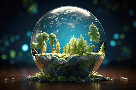 A fantasy concept of a tiny forest world encapsulated in a clear sphereの素材