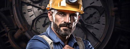 Serious miner with headlamp helmet against a backdrop of large clocksの素材
