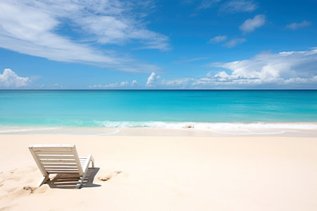 Tranquil beach scene with a single chair facing the serene turquoise oceanの素材