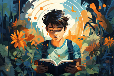 Teen boy engrossed in reading a book surrounded by lush floral natureの素材