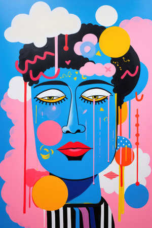 Surreal face illustration with cloud thoughts and colorful drip elements on blueの素材