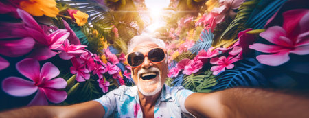 Cheerful elderly man with sunglasses enjoying vibrant tropical flowersの素材