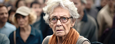 Elderly woman with glasses showing concern in a crowded placeの素材