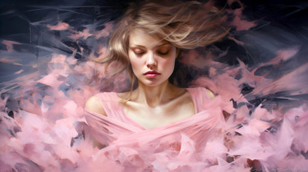 Digital painting of a woman surrounded by dynamic pink brushstrokesの素材