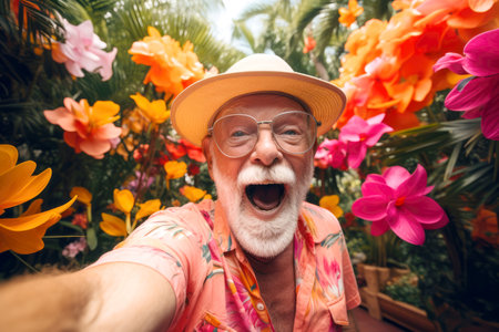 Cheerful elderly man in a hat capturing a joyful moment among vibrant flowersの素材