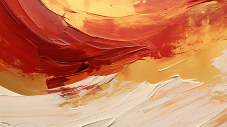 Vivid red and yellow acrylic paint swirls on canvasの素材