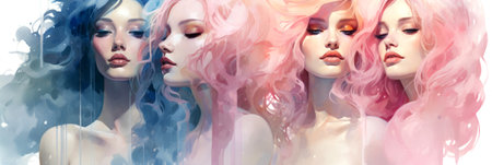 Artistic depiction of four women with colorful, flowing hair blending into one anotherの素材
