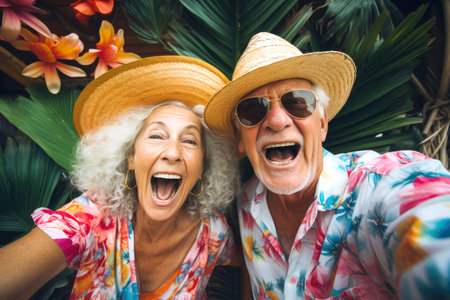 Elderly couple taking a selfie with joyful expressions in a lush tropical environmentの素材
