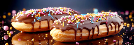 Two delicious chocolate glazed donuts with colorful sprinklesの素材
