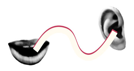Trendy elements for collage. Halftone human mouth talking to ear, copy space for text. Cutout magazine shapes, connection, communication concept. Modern retro grunge vector illustrationのイラスト素材