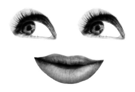Halftone art collage human face on transparent background. Cut out of magazine shapes, womans eyes and male lips. Modern retro pop art dotted vector illustrationのイラスト素材