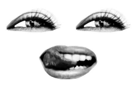 Halftone art collage female face on transparent background. Cut out of magazine shapes, smiling womans eyes and licking mouth. Modern retro grunge punk vector illustrationのイラスト素材