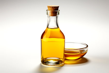 Elegant glass bottle with cork and bowl of golden oil against a soft white backgroundの素材