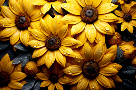 Close up of surreal yellow sunflowers with fresh water droplets against a dark backdropの素材