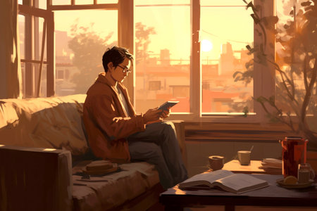 Young man engrossed in reading modern illustration, seated by a sunny window overlooking the cityの素材