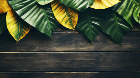 Lush green and yellow tropical leaves bordering a dark wood background with copy spaceの素材