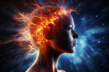 Digital art of a woman with a brain lit like embers against a cosmic backdropの素材