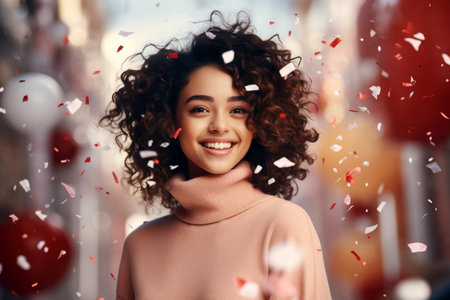 Radiant young woman with curly hair enjoying a festive moment with confetti against blur backgroundの素材