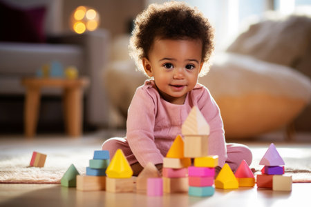 A smiling baby girl plays with wooden colorful geometric blocks indoorsの素材